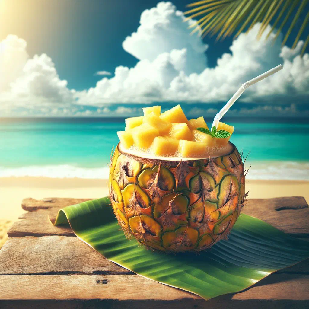 Glass of creamy pineapple coconut drink garnished with fresh pineapple