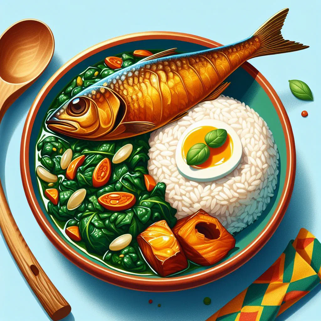 A bowl of Sierra Leonean plasas, a rich leafy green stew served with rice
