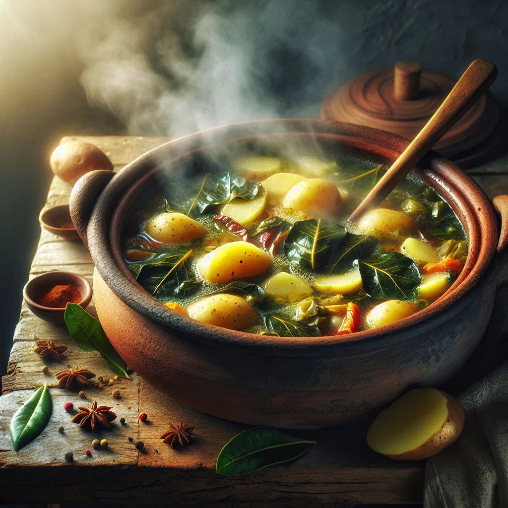 Bowl of Sierra Leonean potato leaves stew served with rice
