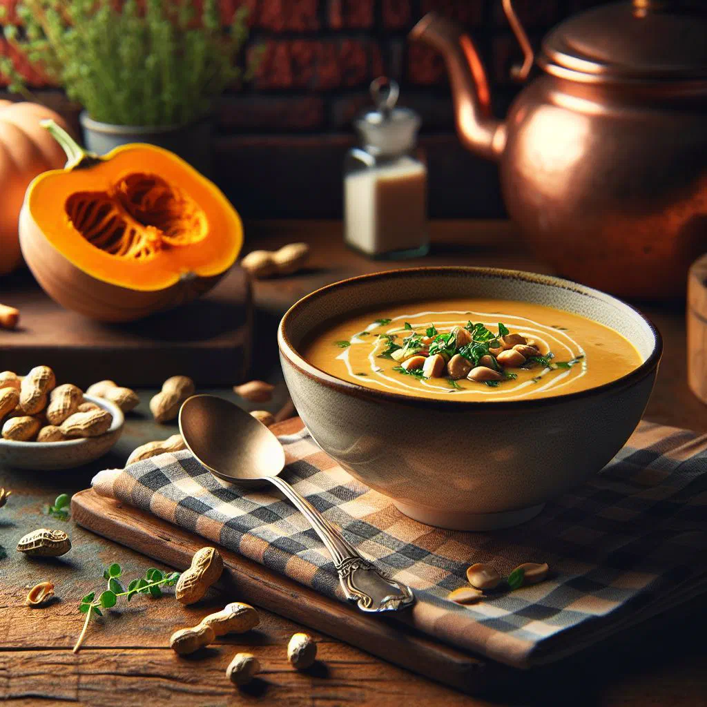 Creamy pumpkin and peanut soup garnished with fresh herbs and roasted peanuts