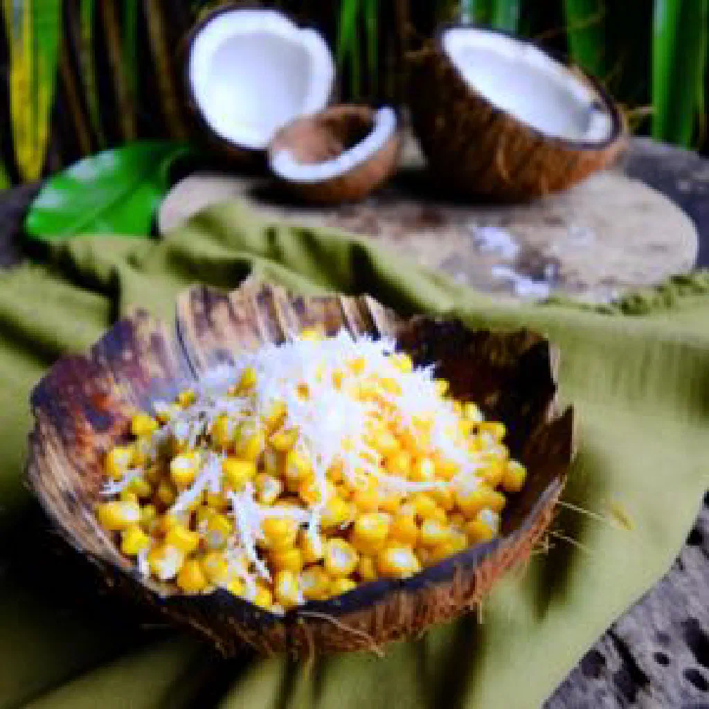 Golden roasted corn kernels tossed with toasted coconut flakes