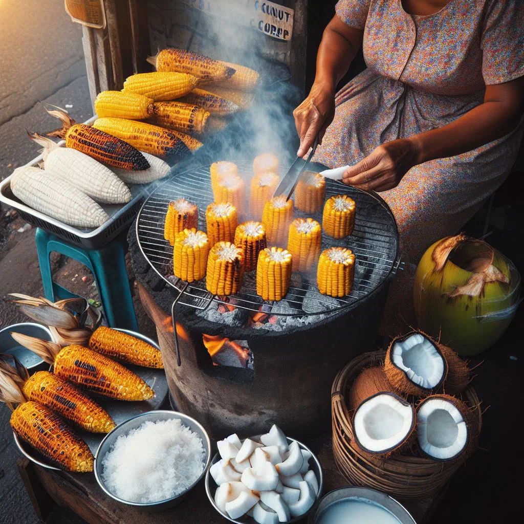 Roasted golden corn tossed with shredded coconut in a bowl