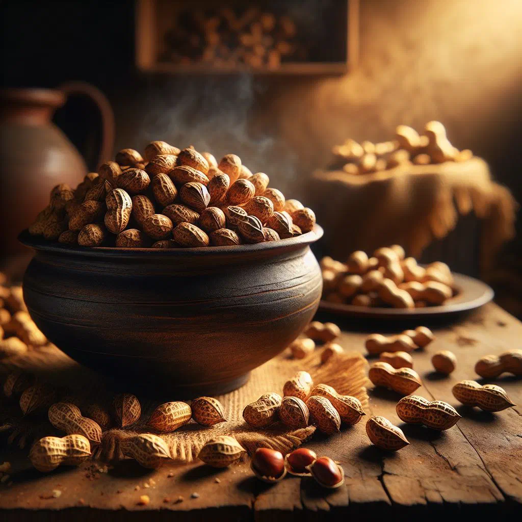 Bowl of golden roasted groundnuts sprinkled with sea salt