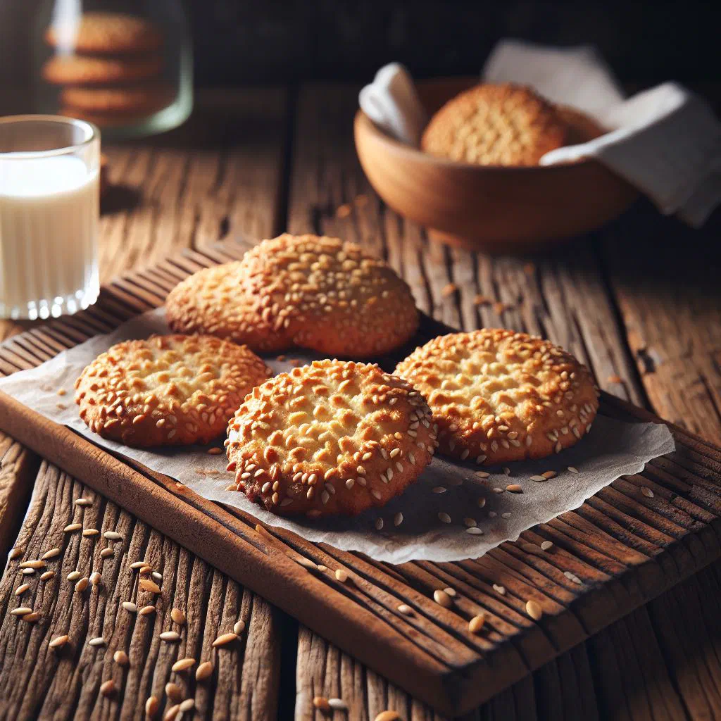 Golden sesame cookies stacked on a plate