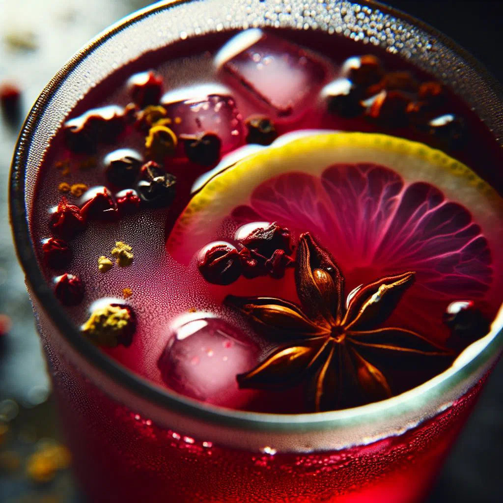 Glass of deep red spiced hibiscus drink garnished with lime and mint