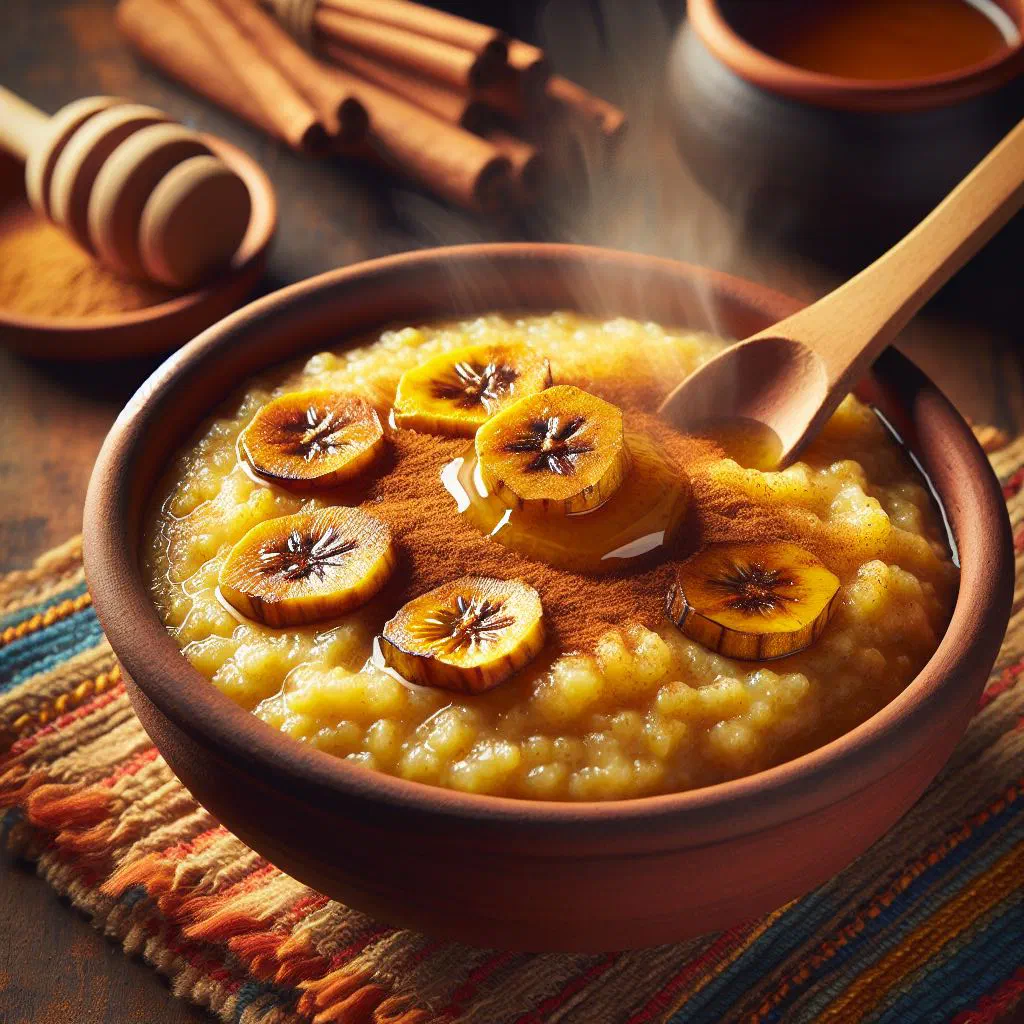 A bowl of creamy spiced plantain porridge garnished with fresh fruit