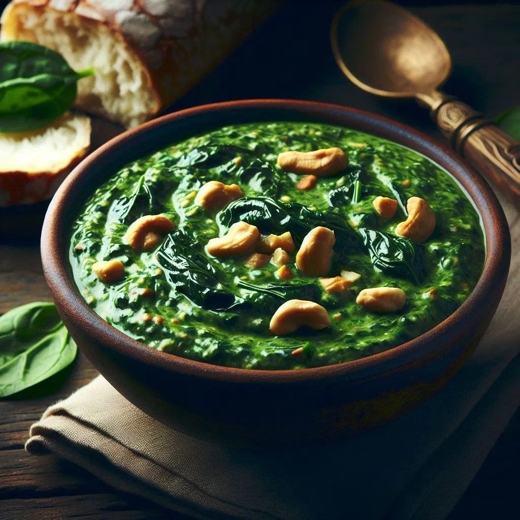 Creamy spinach and groundnut sauce served with rice