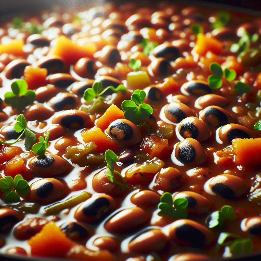 Bowl of stewed black-eyed peas with peppers and herbs