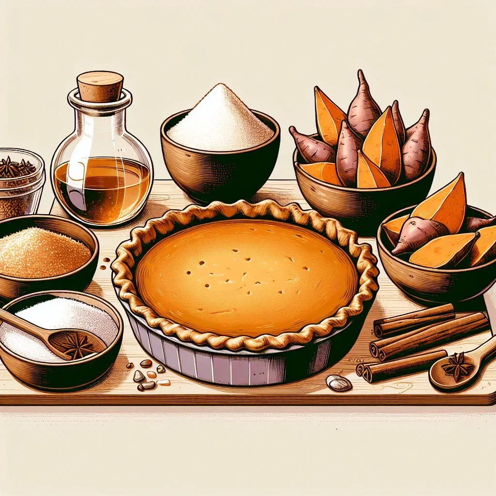 Golden sweet potato pie with a flaky pastry crust, sliced and served warm