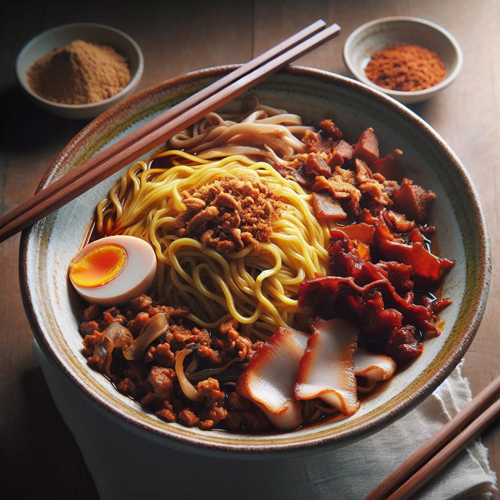 Bowl of bak chor mee with minced pork, mushrooms and fresh coriander
