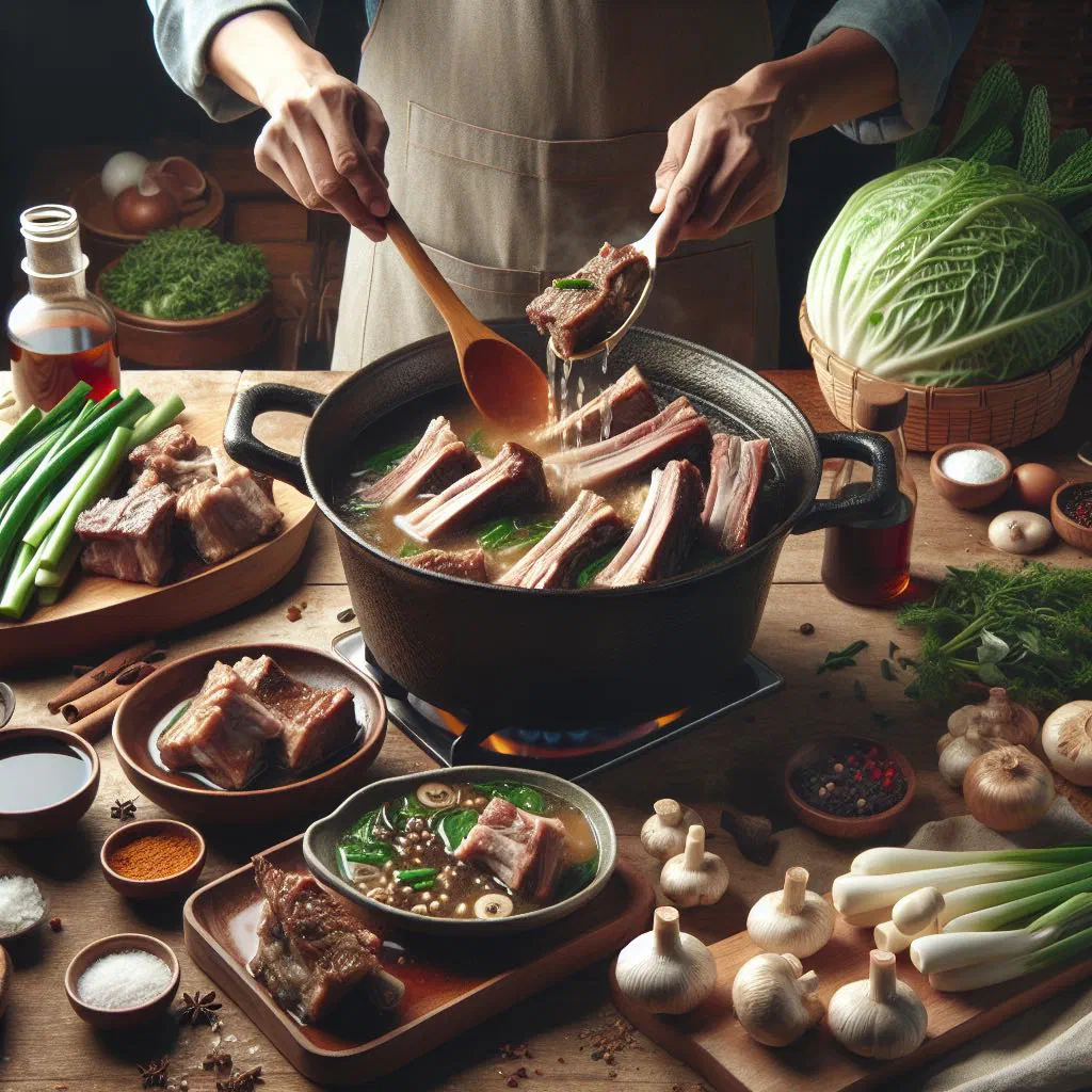 Bowl of bak kut teh pork rib soup garnished with fresh coriander