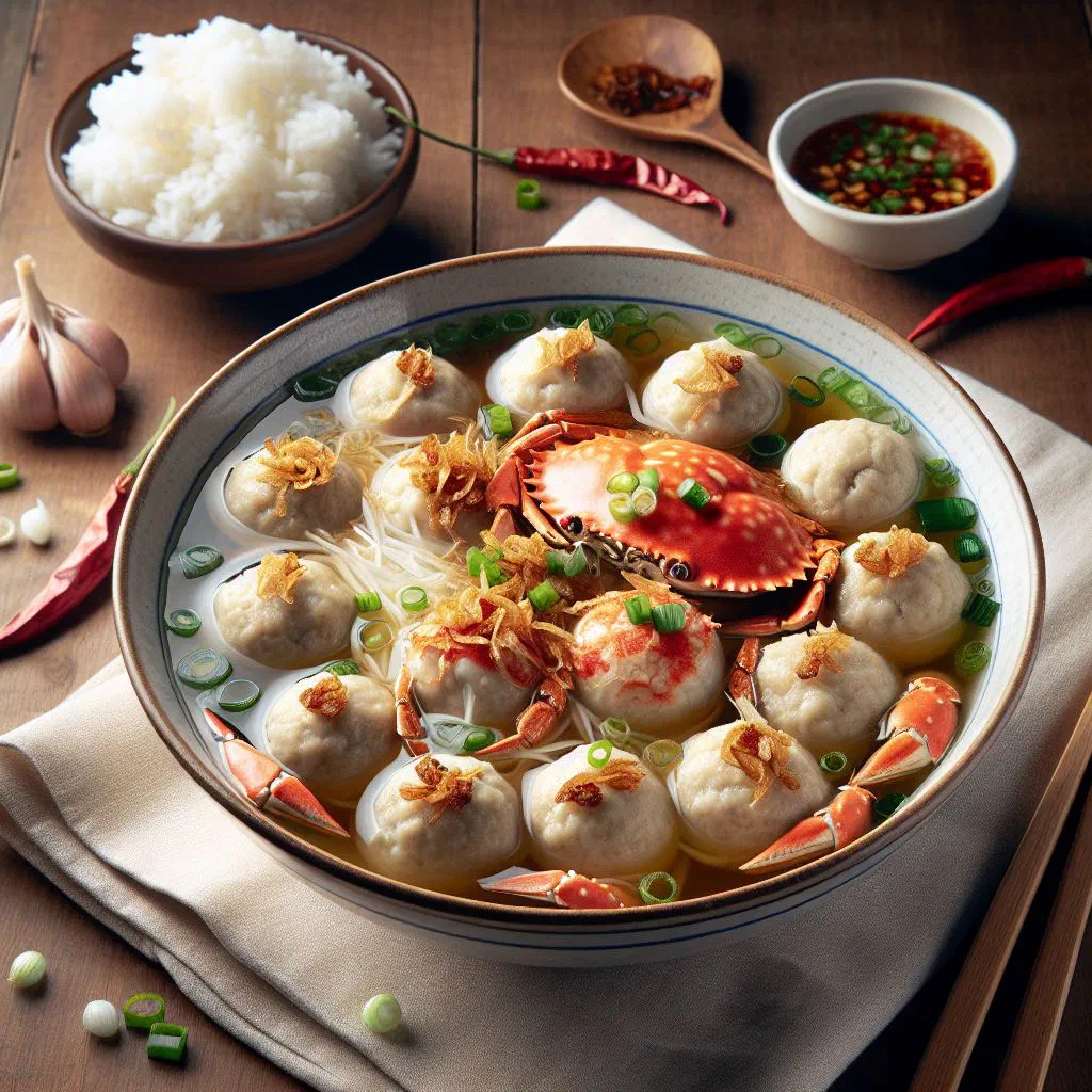 Bowl of Bakwan Kepiting crab soup garnished with coriander and spring onions