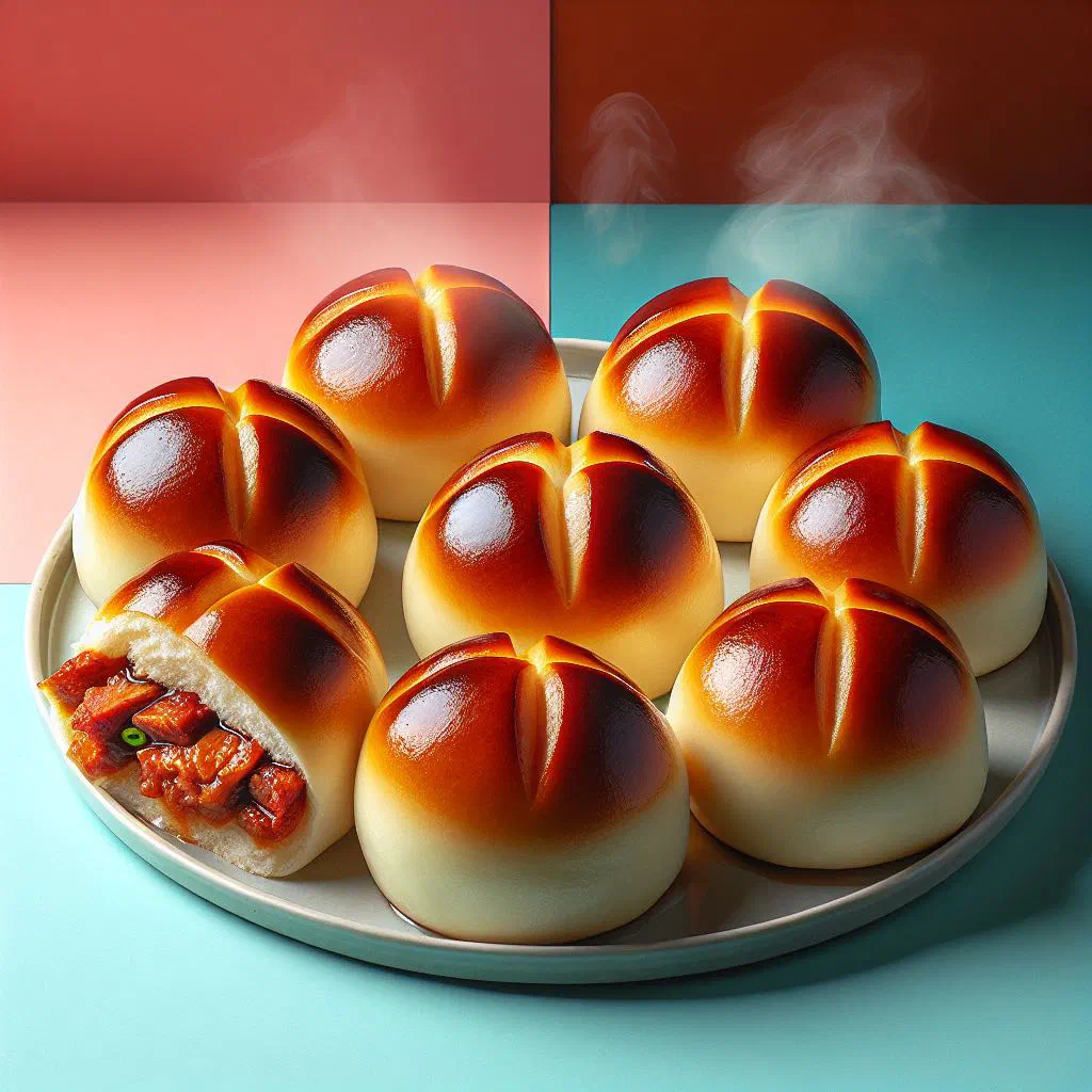 Fluffy white steamed BBQ pork buns split open to show the glossy char siu filling
