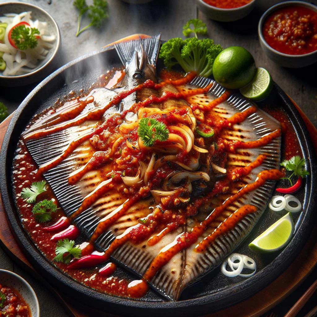 Grilled stingray coated in red sambal on a banana leaf with lime wedges