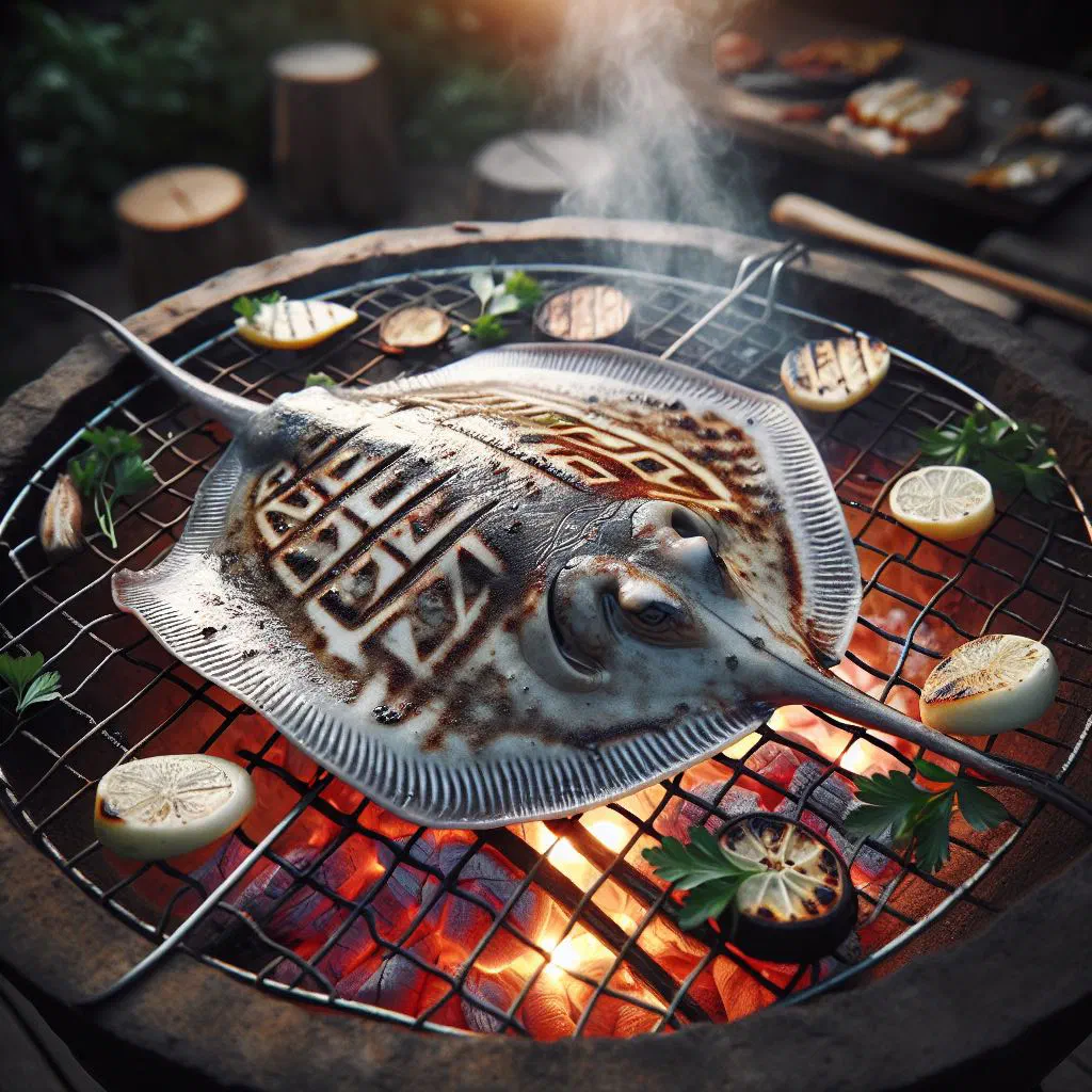 Grilled BBQ stingray on a banana leaf with lime and fresh coriander