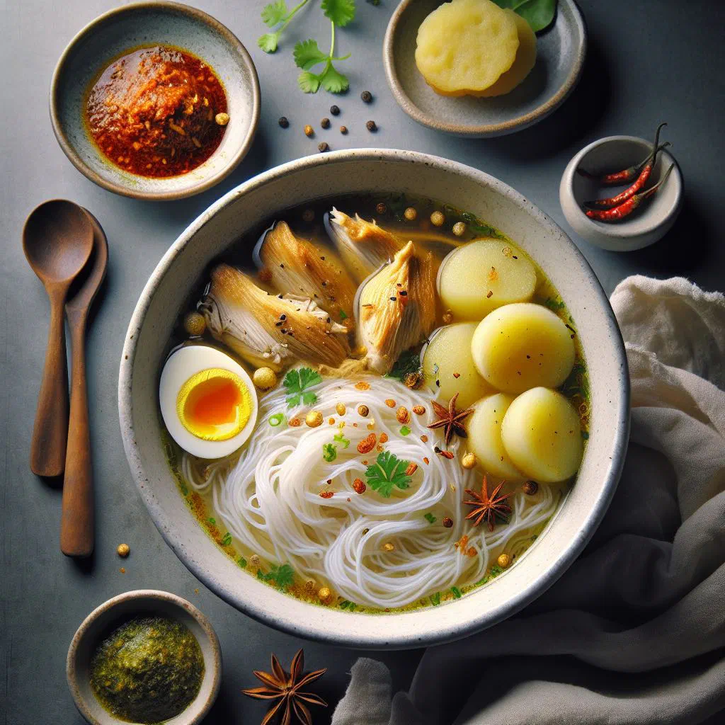Bowl of bee hoon soto with rice noodles, chicken and fresh herbs