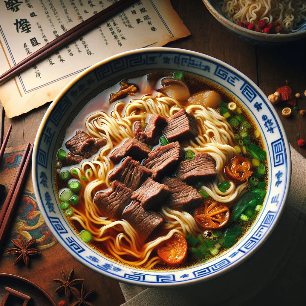 Bowl of beef noodle soup with tender beef slices, rice noodles and fresh herbs