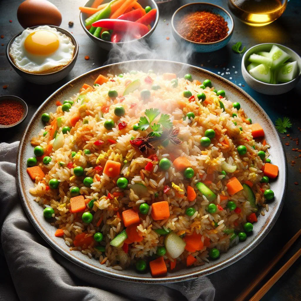 Belachan fried rice with prawns, vegetables and spring onions in a bowl