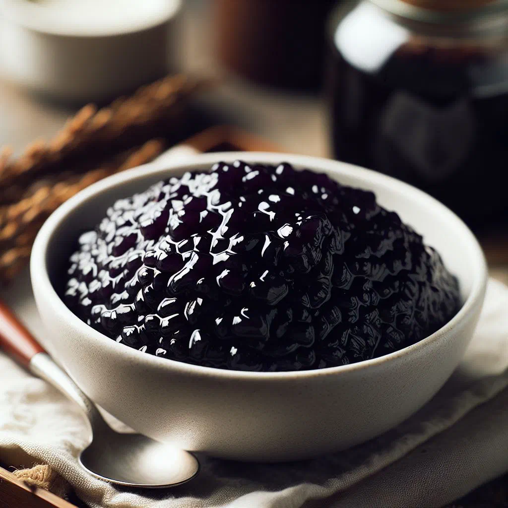 Bowl of black glutinous rice pudding topped with creamy coconut milk