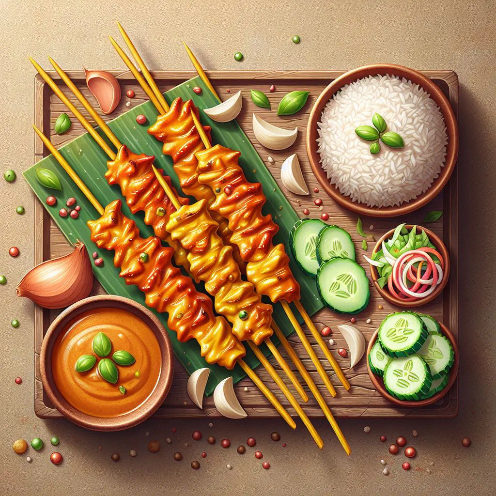 Grilled chicken satay skewers served with a bowl of peanut sauce