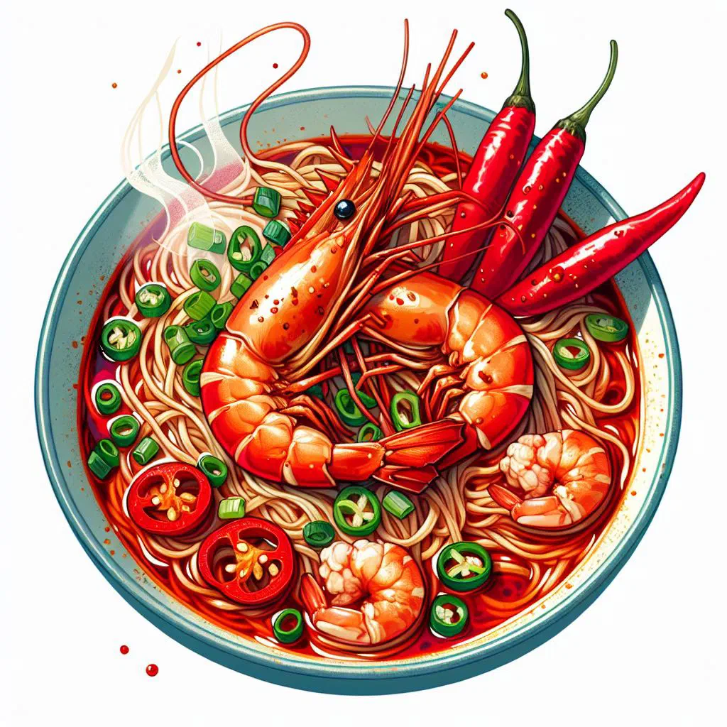 Chilli prawn noodles tossed in a spicy sauce with fresh herbs
