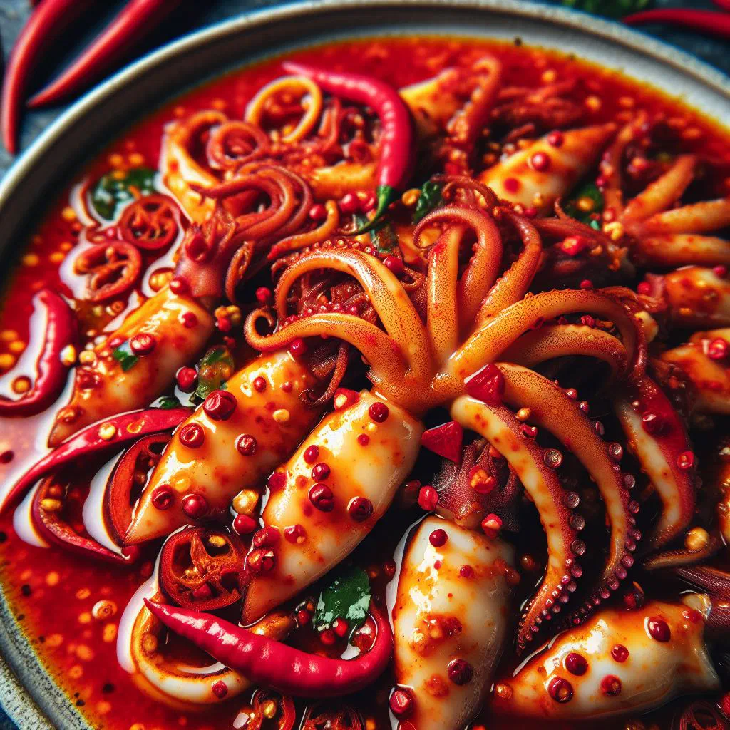 Stir-fried chilli squid rings in a glossy red sauce garnished with fresh coriander