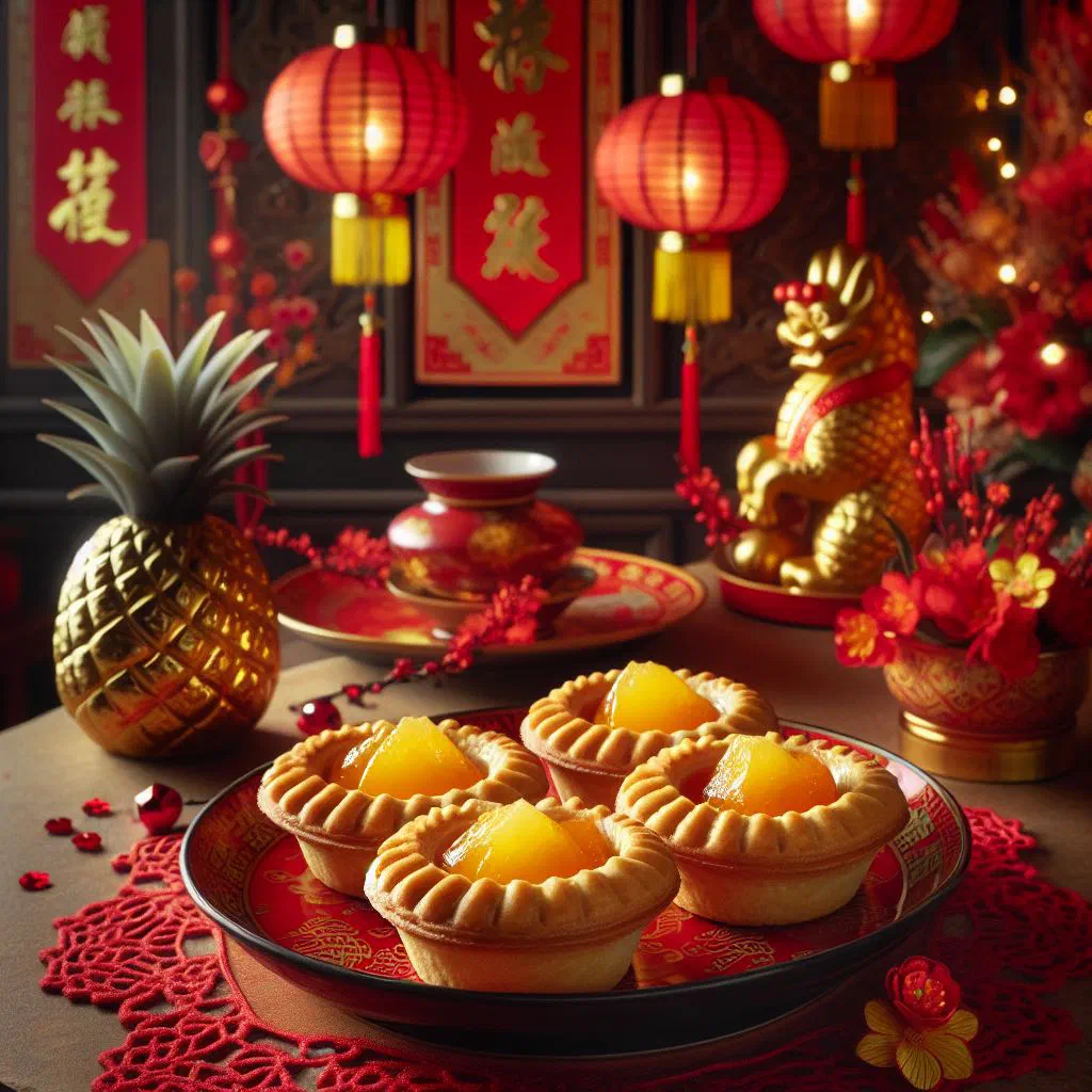 Golden Chinese New Year pineapple tarts on a serving plate