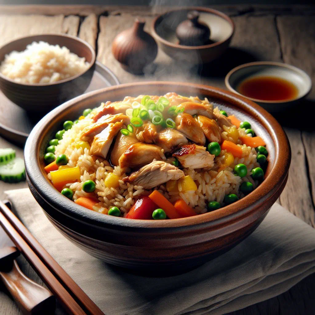 Claypot chicken rice topped with spring onions served in an earthenware pot