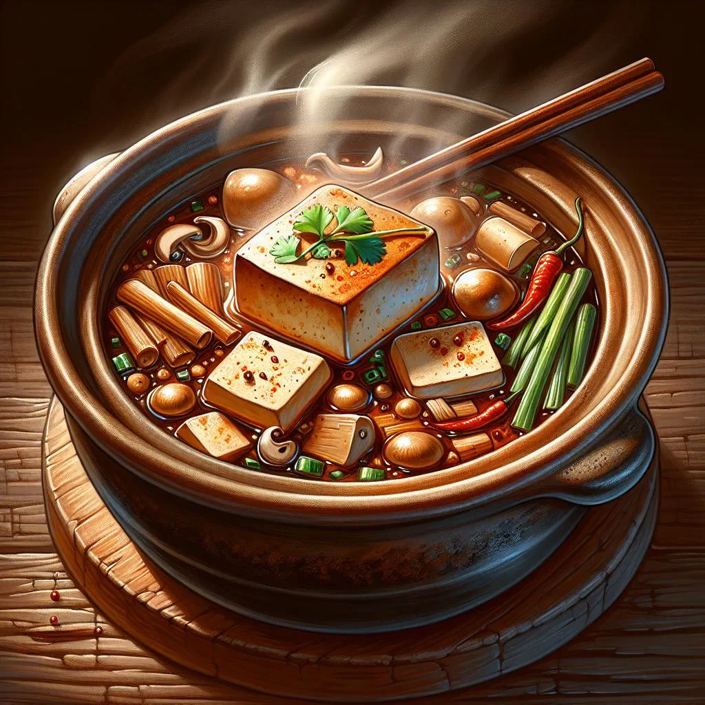 Claypot tofu with vegetables in a clay pot, garnished with fresh coriander