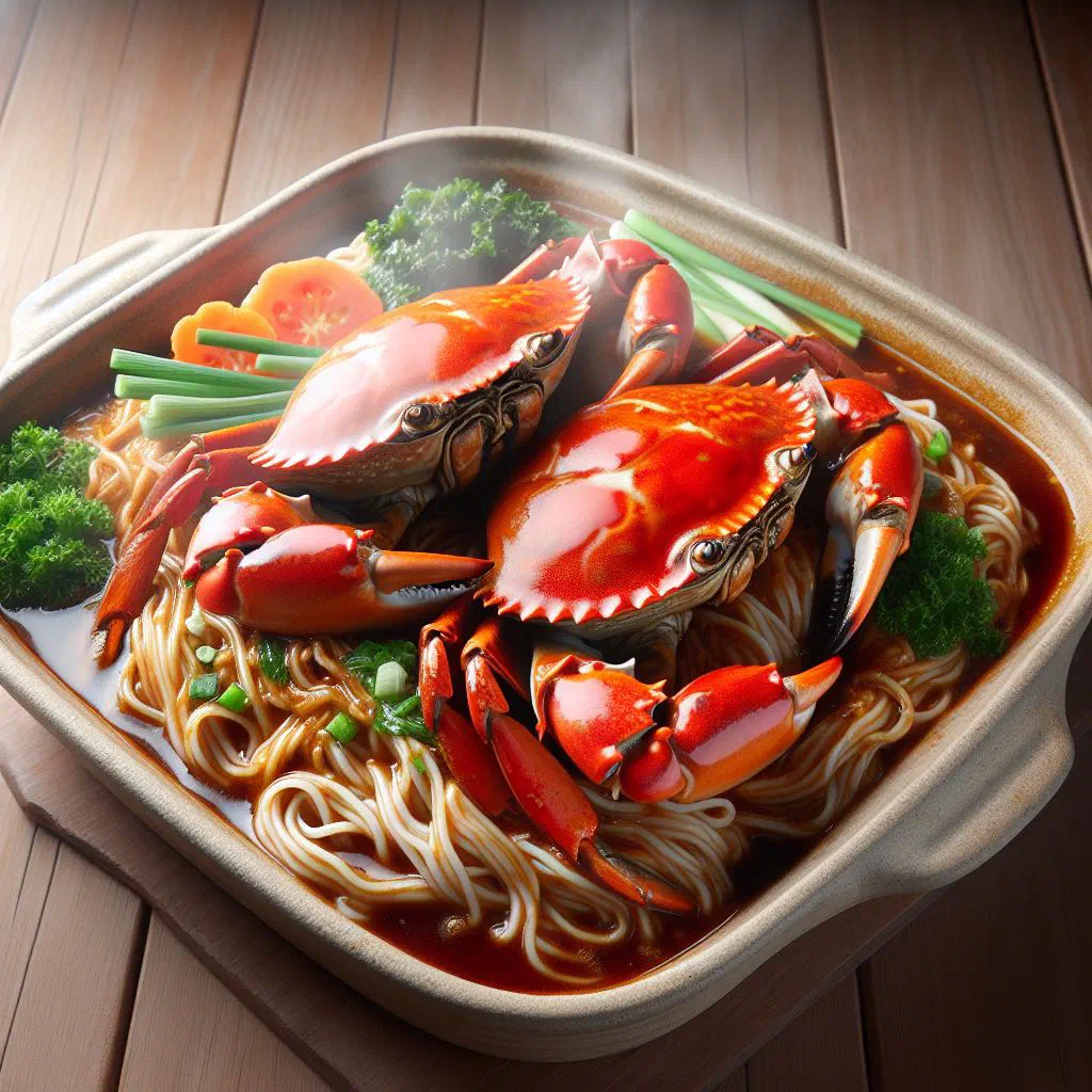 Bowl of crab bee hoon with rice vermicelli, crab and coriander in a fragrant broth