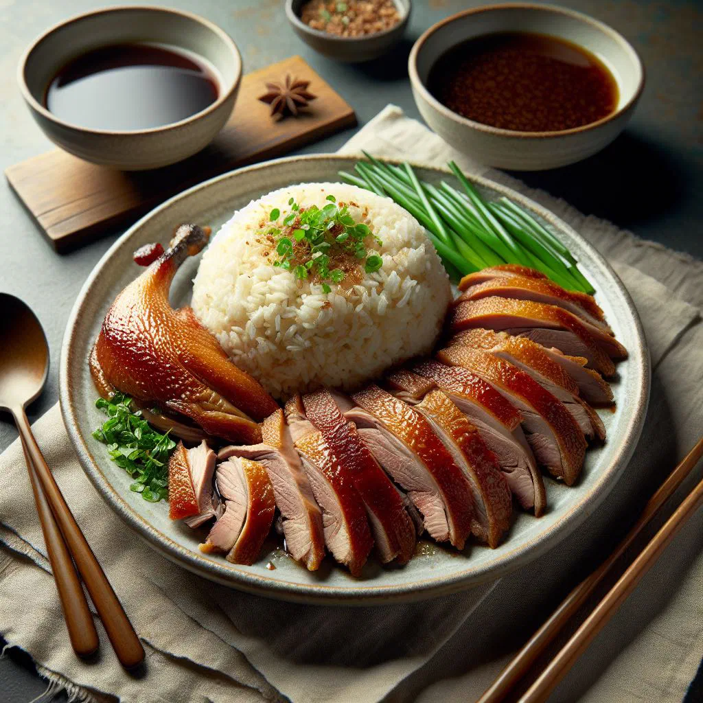 Sliced roast duck served over fragrant rice with cucumber and coriander