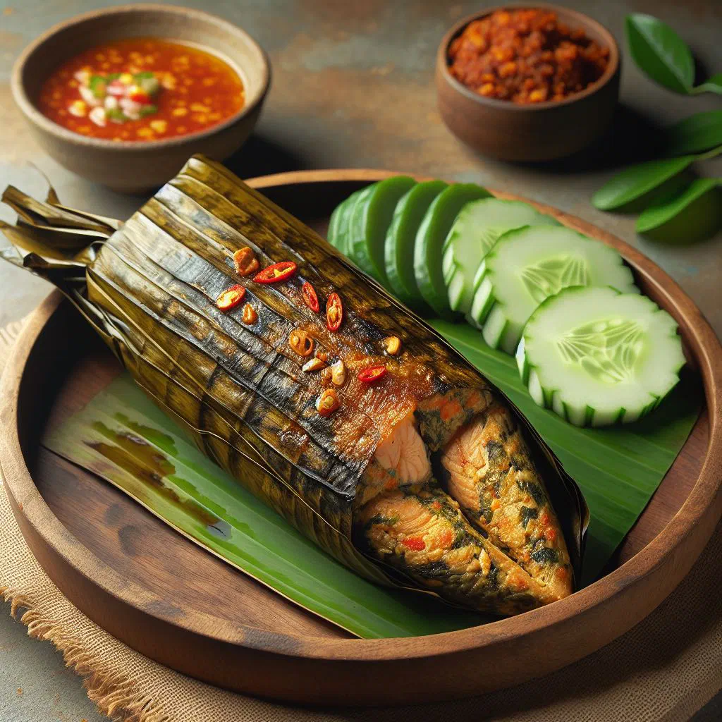Fish otah grilled and served in a banana leaf parcel