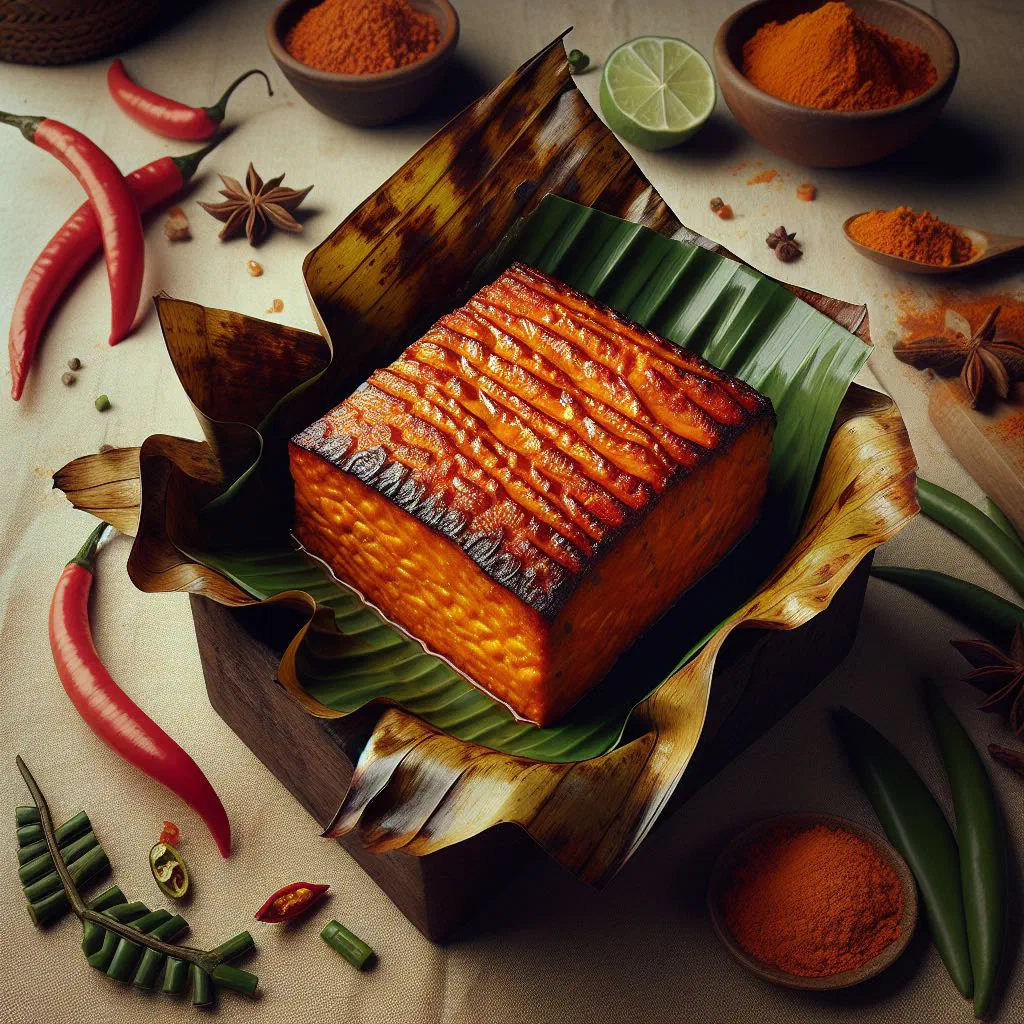 Grilled fish otak-otak parcels wrapped in charred banana leaves