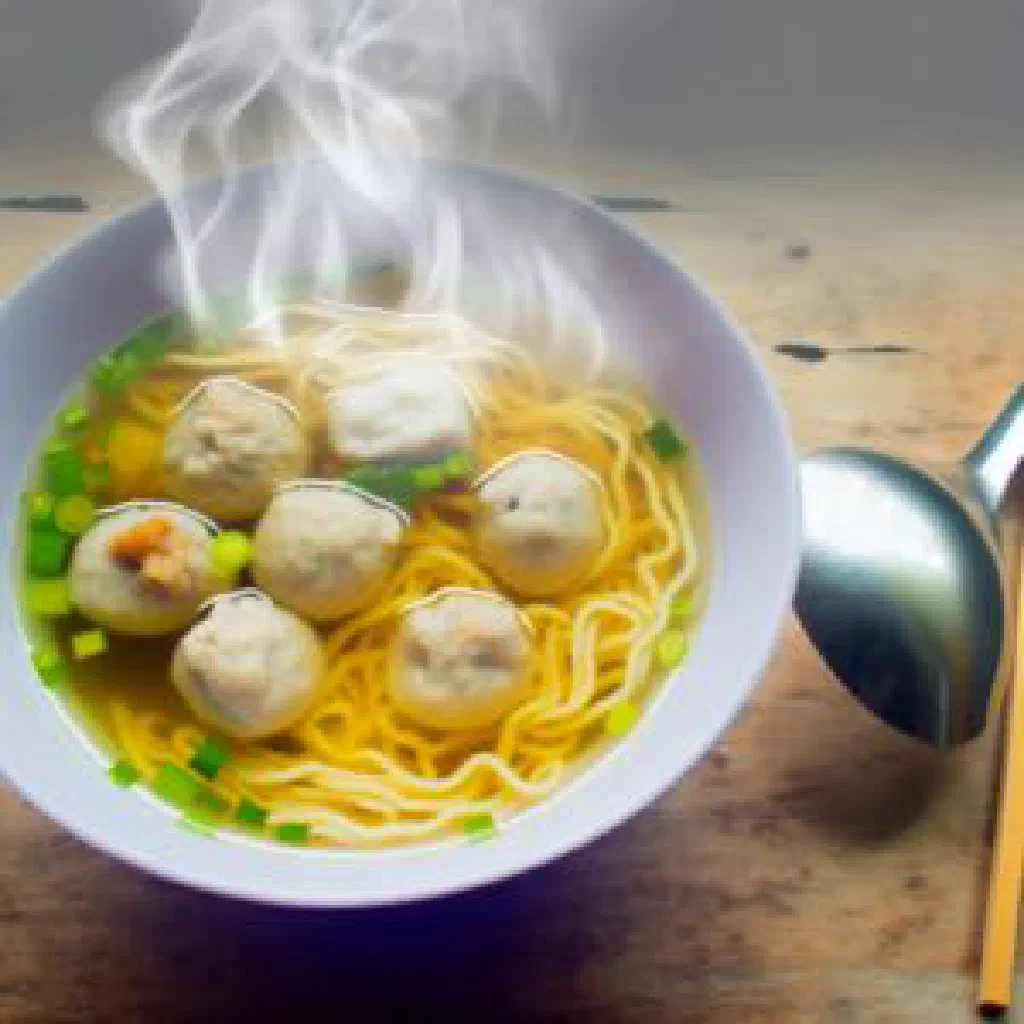 Bowl of fishball noodle soup with spring onions and coriander