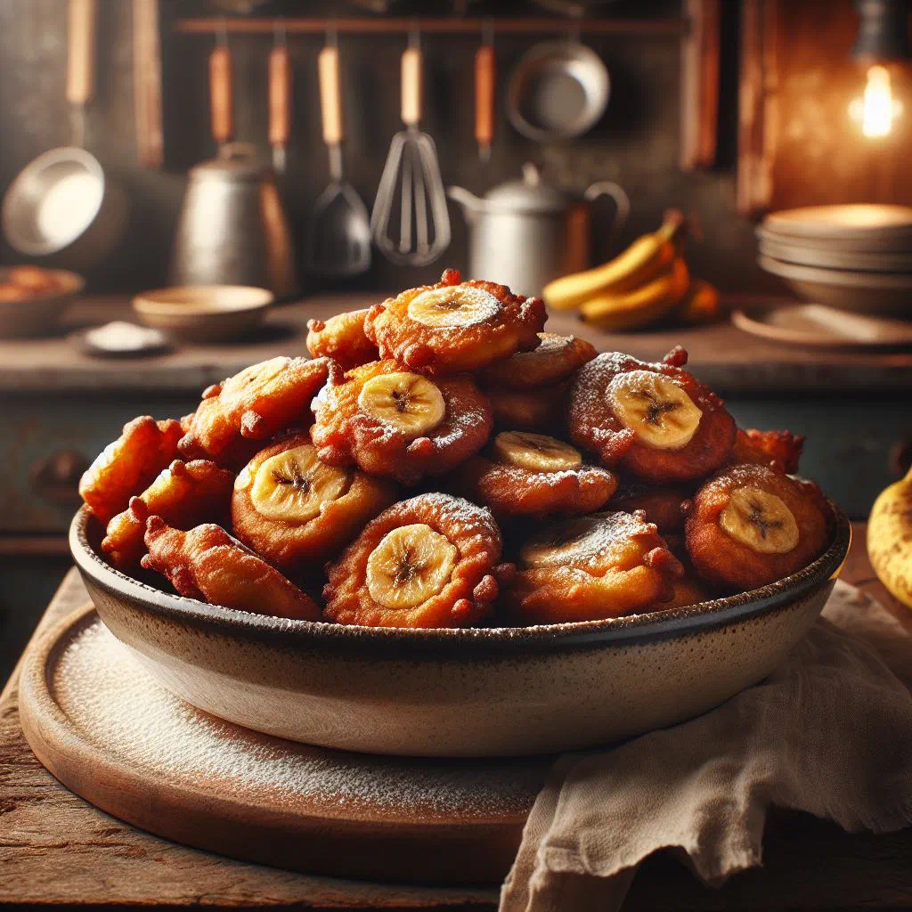 Golden crispy fried banana fritters dusted with sugar on a plate
