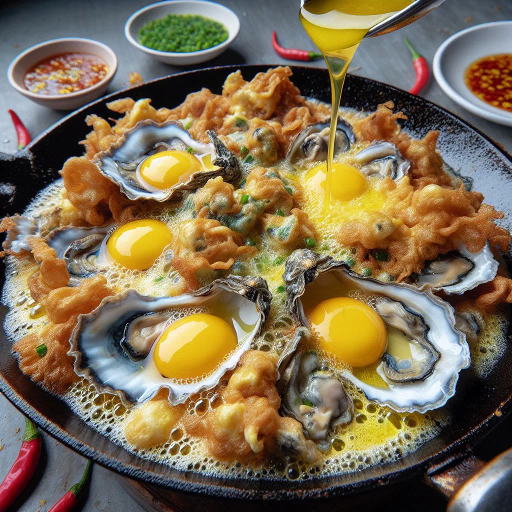 Crispy fried oyster omelette with spring onions and chilli sauce