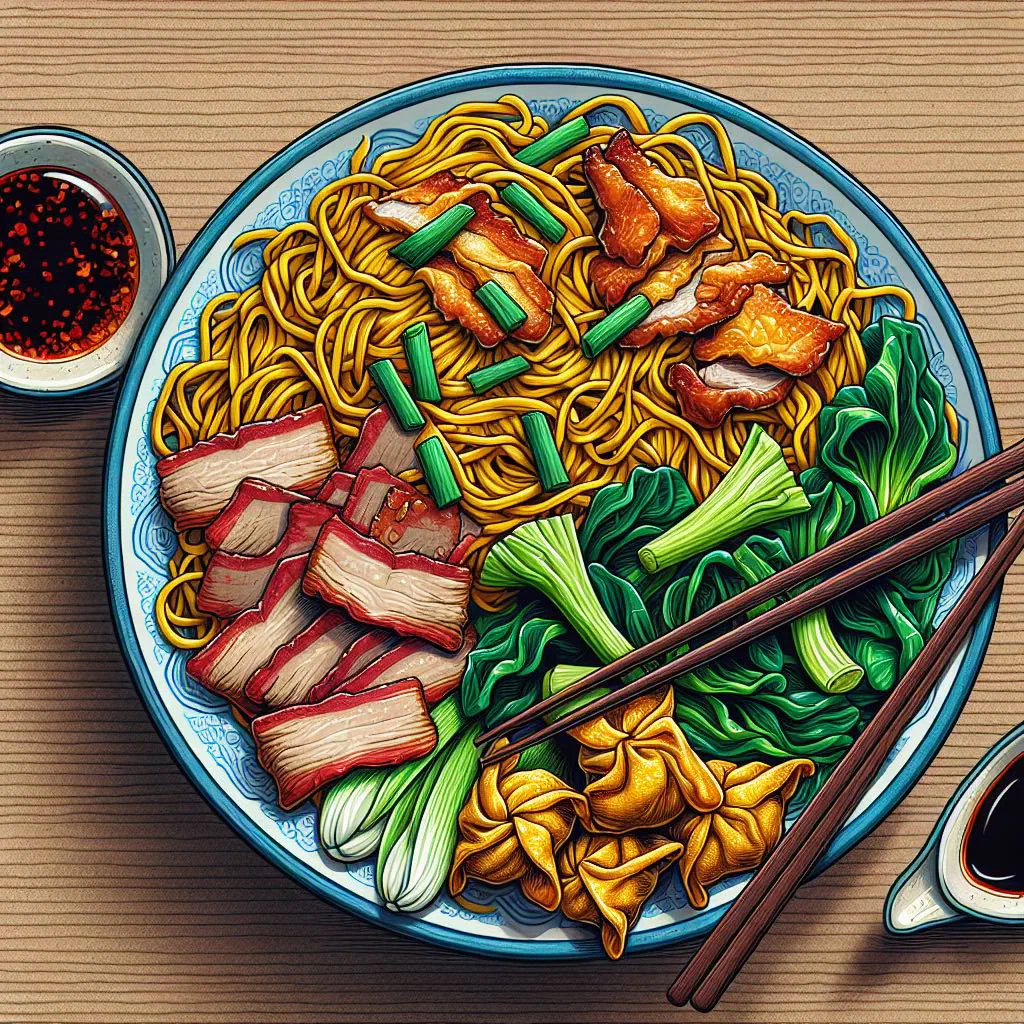 Fried wanton mee with egg noodles, crispy wontons and fresh coriander