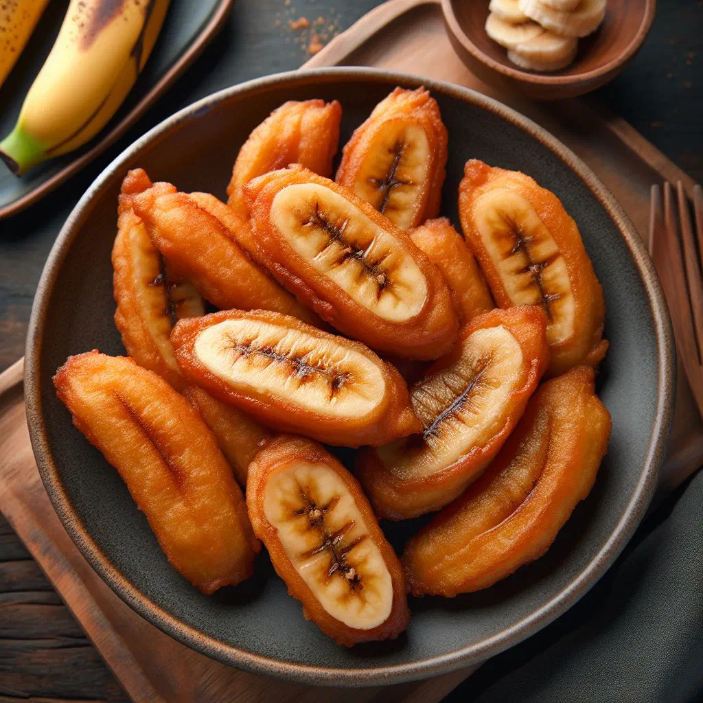 Golden deep-fried banana fritters piled on a plate