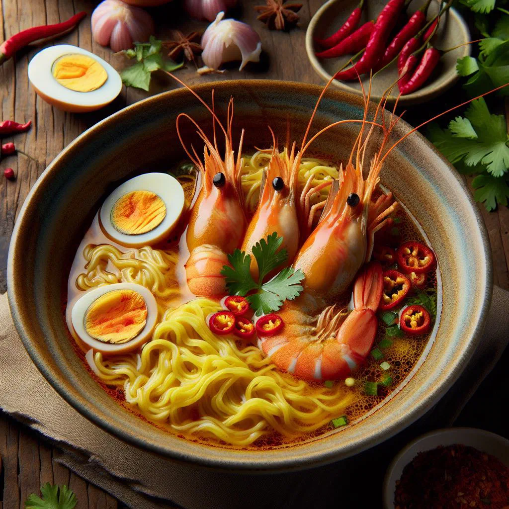 A steaming bowl of hae mee prawn noodle soup topped with fresh coriander and chilli
