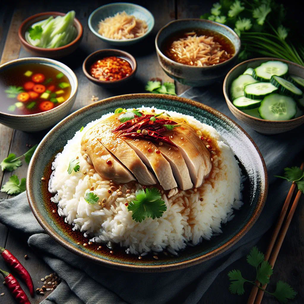 Hainanese chicken rice with sliced poached chicken, fragrant rice and dipping sauces