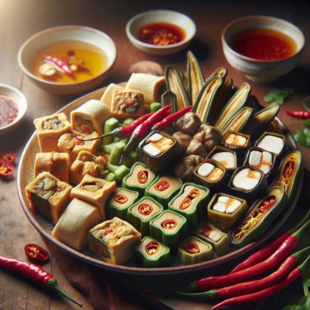 Bowl of Hakka yong tau foo with stuffed tofu and vegetables in clear broth