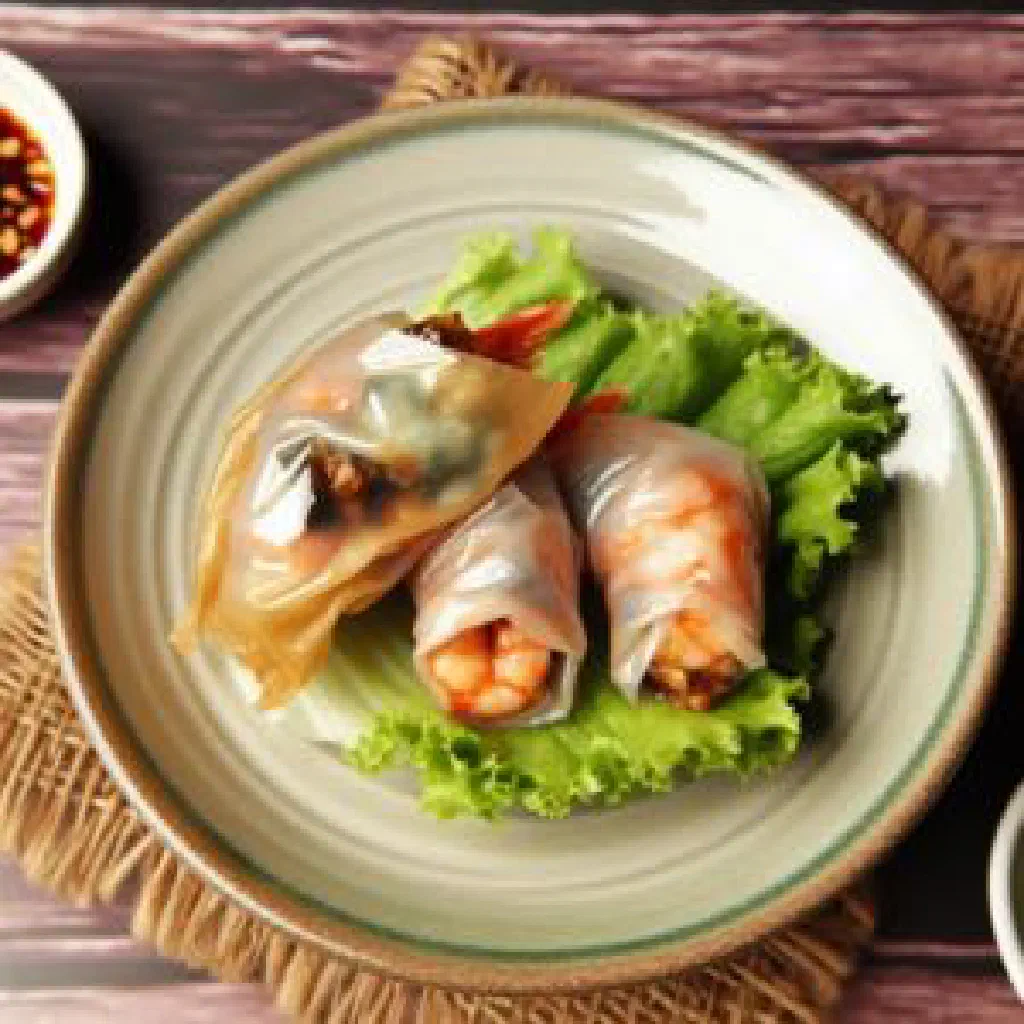 Crispy golden Hei Zho prawn rolls sliced and served with dipping sauce