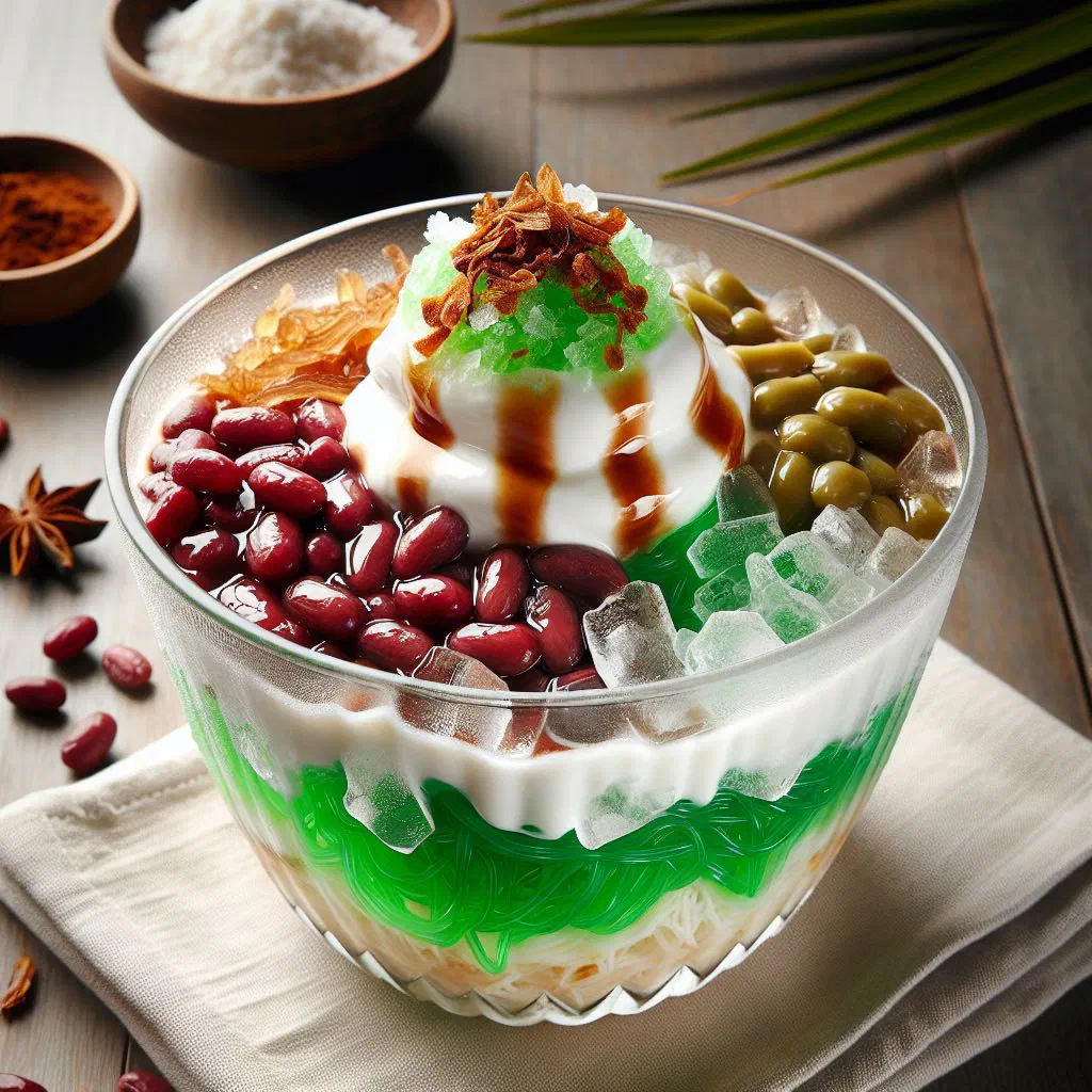 Ice chendol with green pandan jelly, red beans and coconut milk over crushed ice