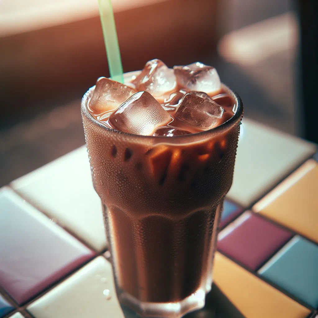 Tall glass of iced Milo topped with chocolate powder and ice cubes
