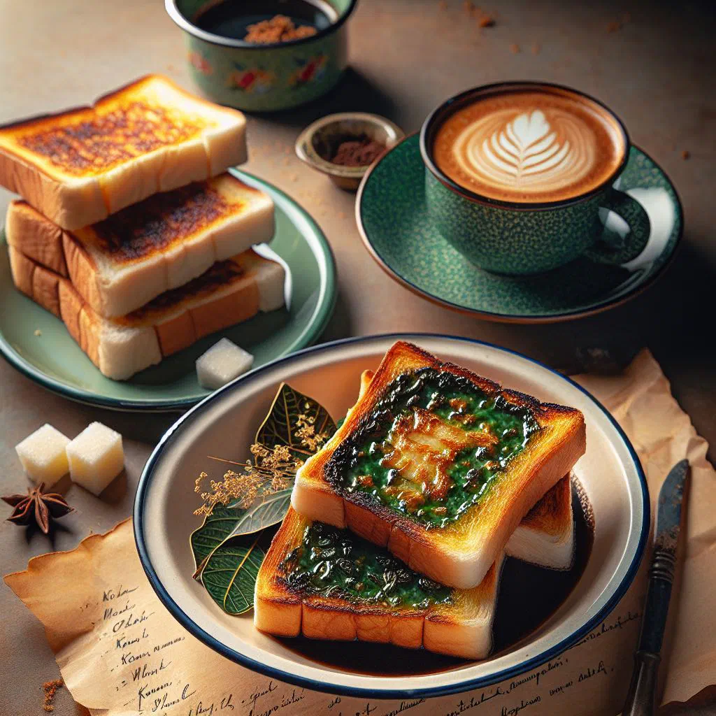 Toasted bread spread with kaya and butter, served with black coffee