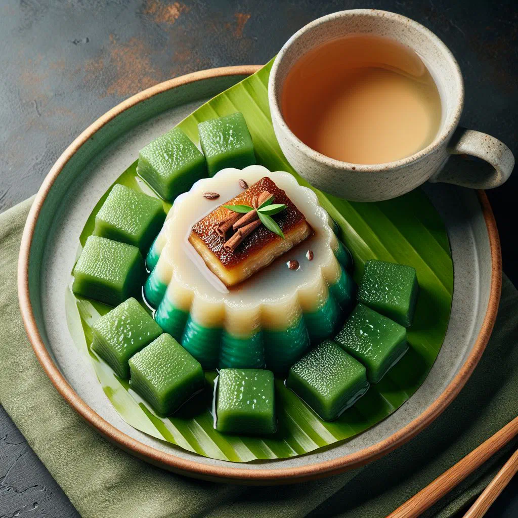 Sliced kueh sarlat with a layer of sticky glutinous rice and green coconut custard