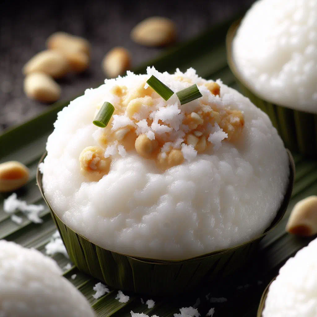 Small steamed kueh tutu rice cakes filled with sweet coconut on a banana leaf