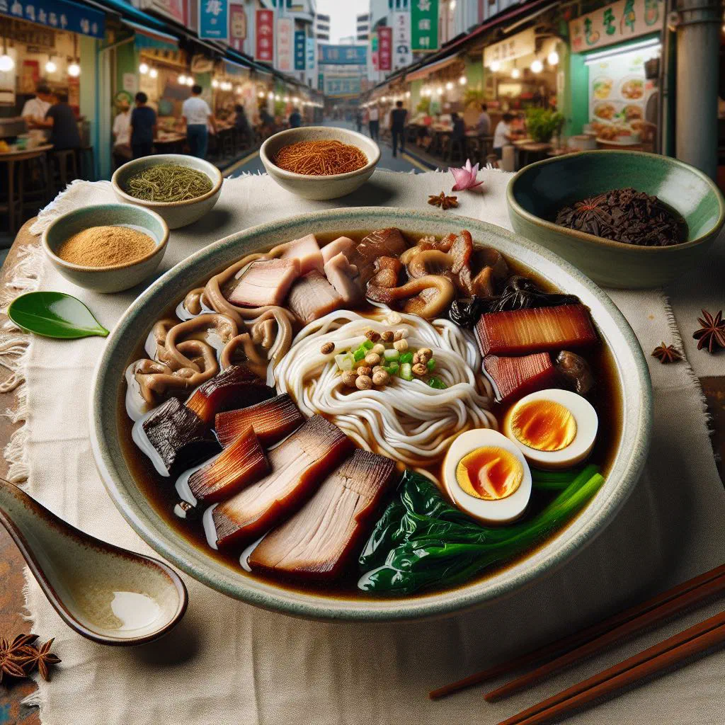 Bowl of kway chap flat rice noodles in dark braised broth with pork and egg
