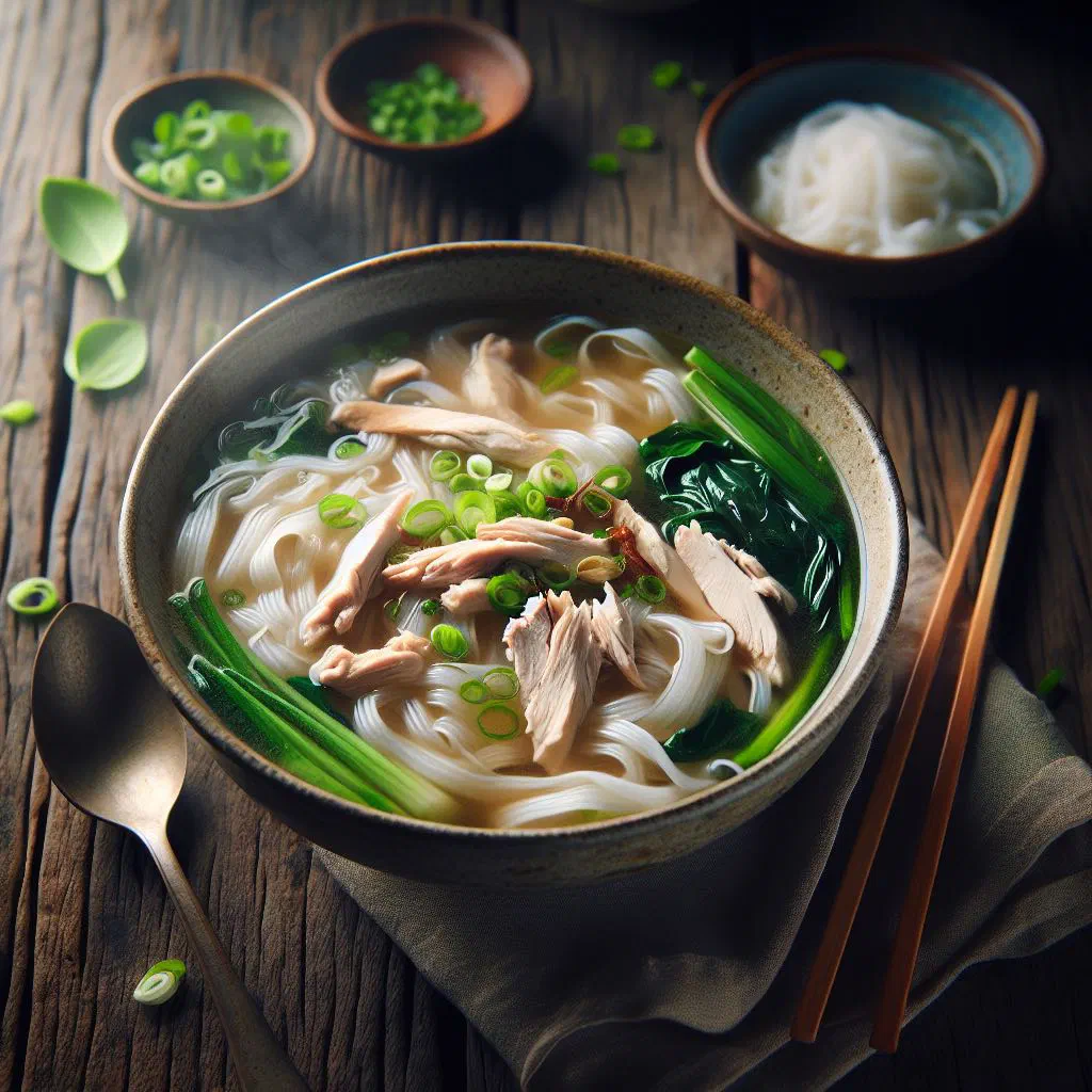 A steaming bowl of kway teow soup with flat rice noodles, greens and spring onions