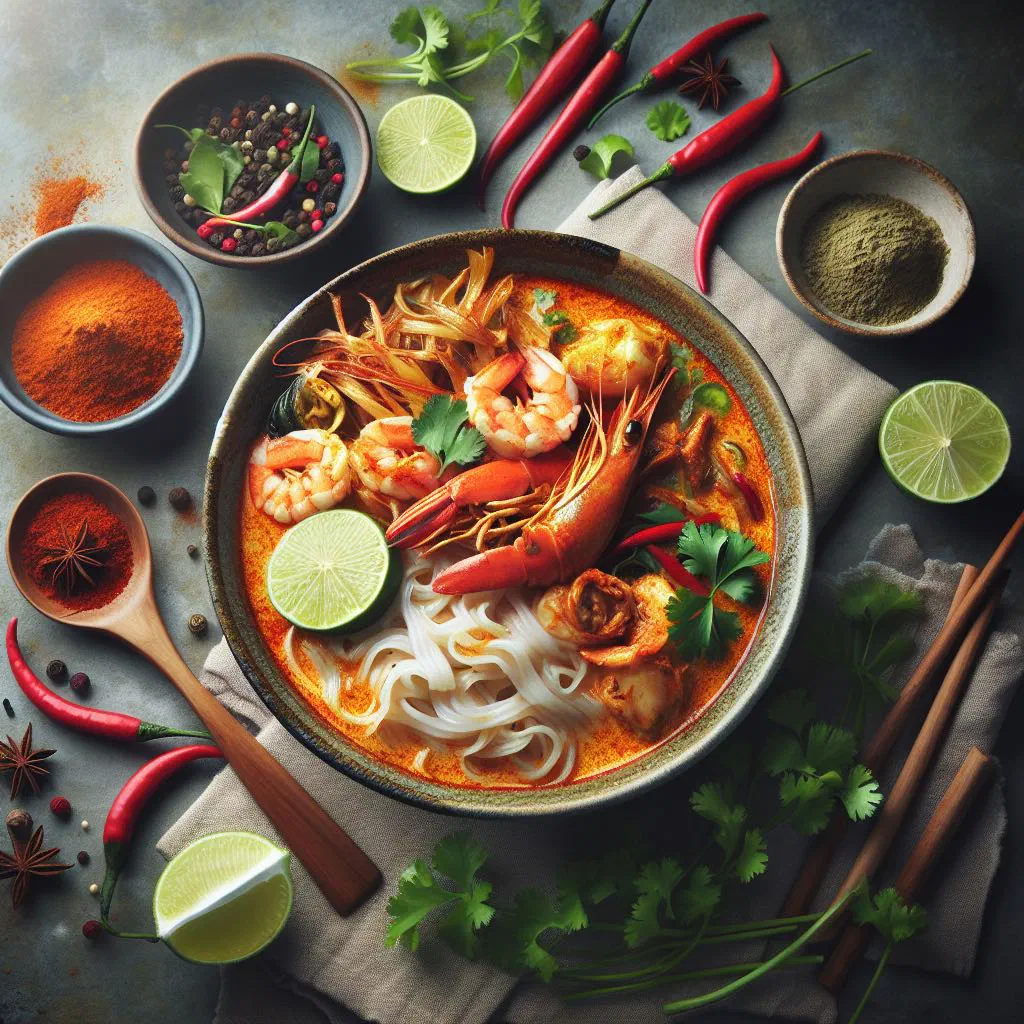 Bowl of laksa noodle soup with prawns, bean sprouts and fresh herbs